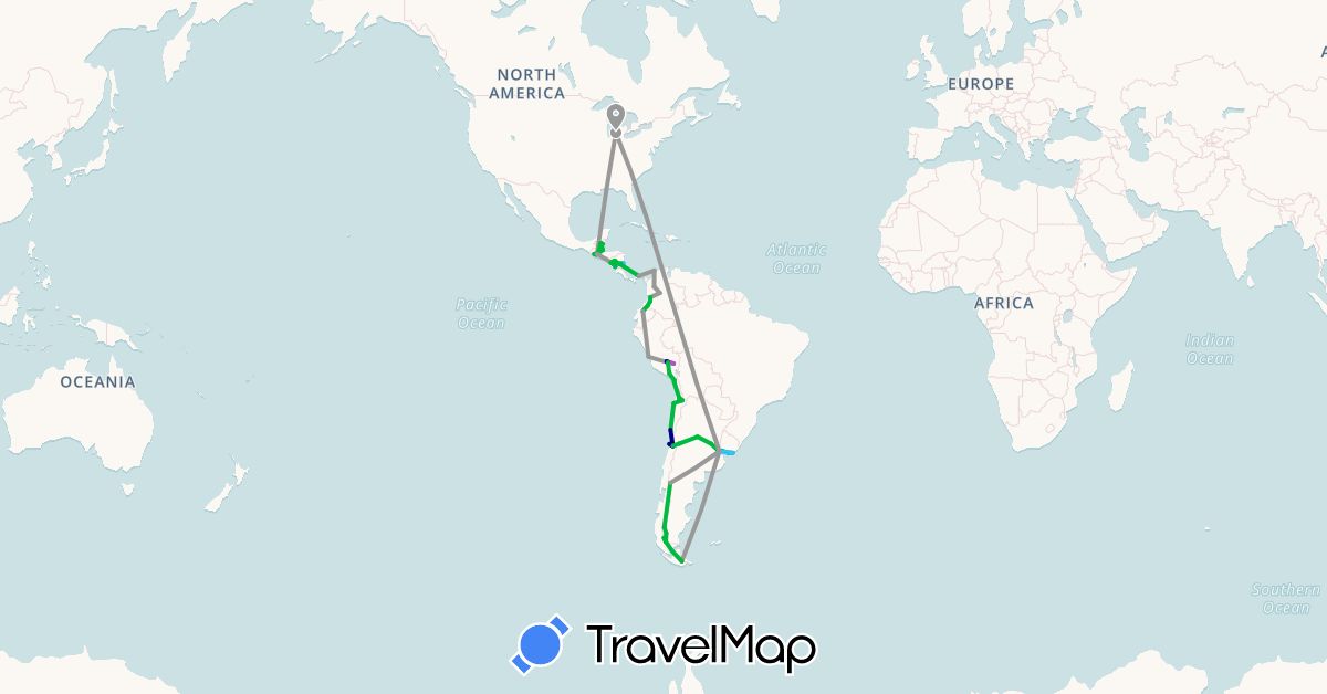 TravelMap itinerary: driving, bus, plane, train, boat in Argentina, Belize, Chile, Colombia, Ecuador, Guatemala, Nicaragua, Panama, Peru, United States, Uruguay (North America, South America)